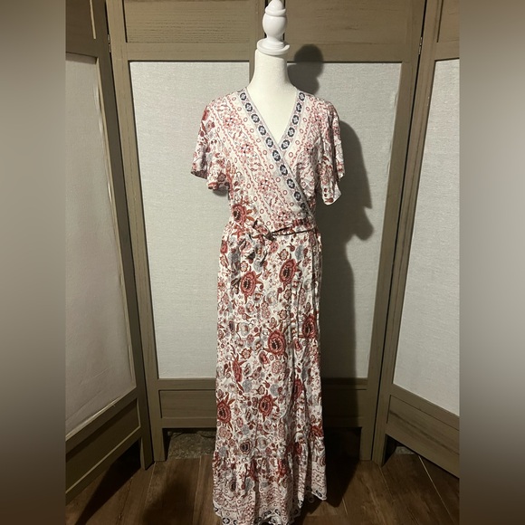 Zesica Bohemian Floral Printed Wrap V Neck Short Sleeve Maxi Dress - Picture 2 of 7